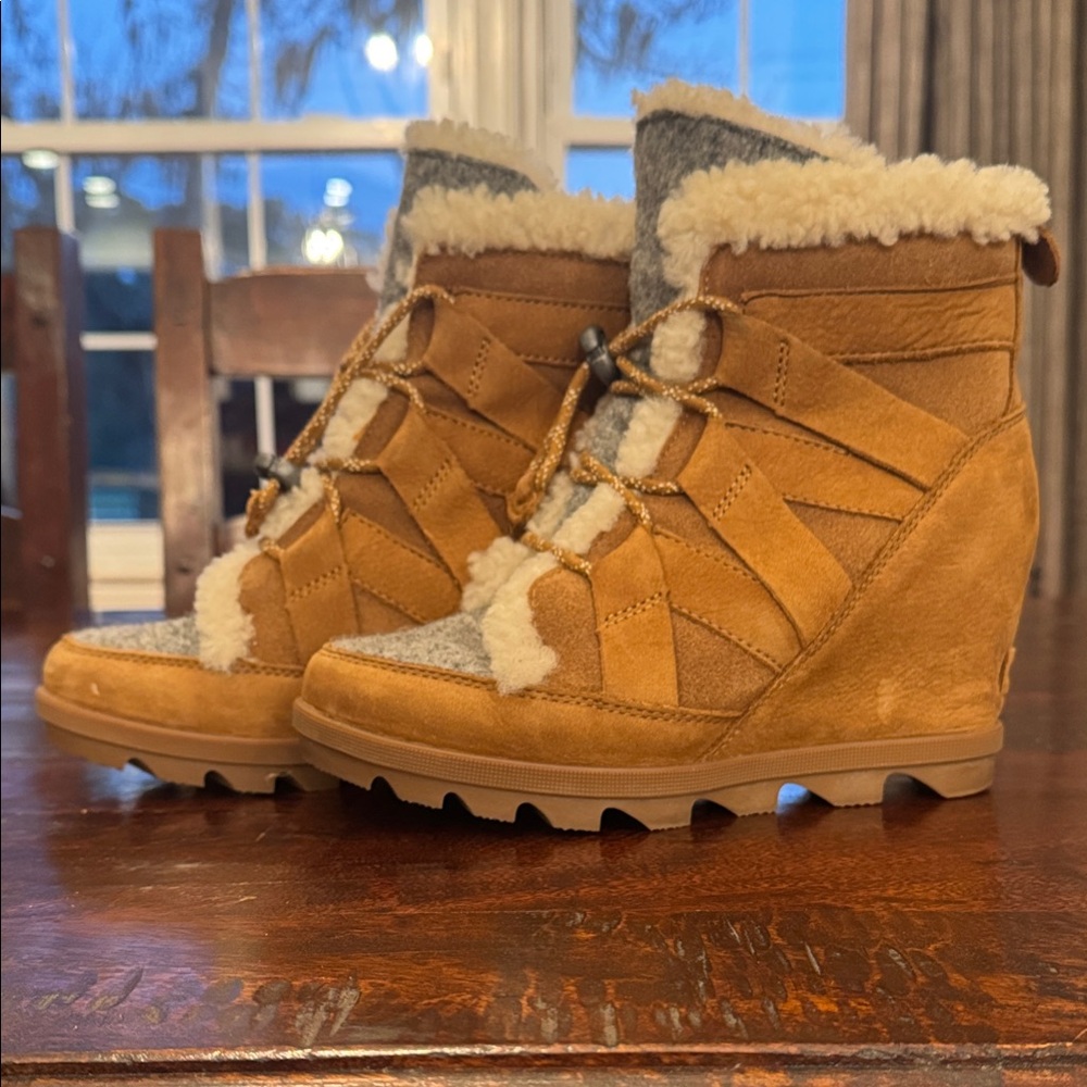 Sorel Joan of Arc Wedge Booties- Tan Suede and Gray Faux-Shearling Lace-Up